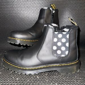 Dr. Martens 2976 Leonore Faux Fur Lined Black Polka Dot Chelsea Boots Womens 6